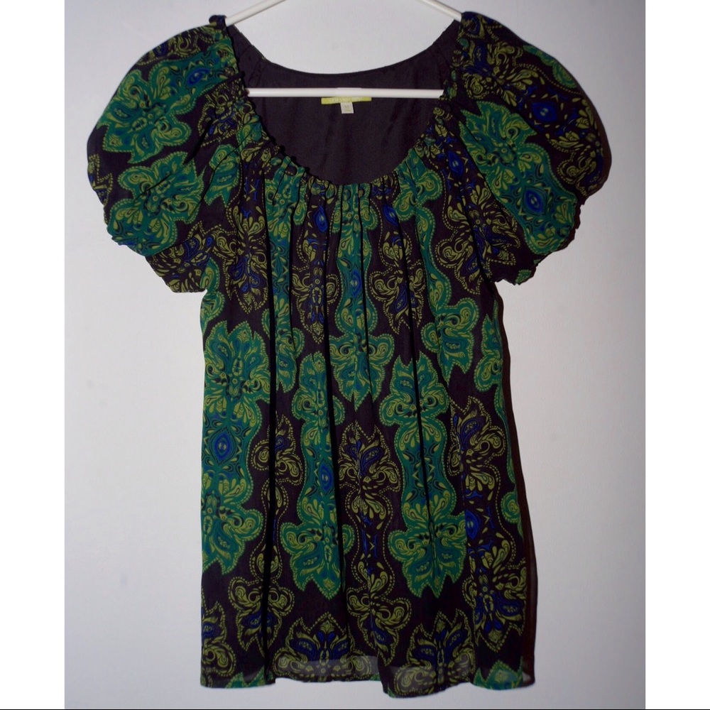 Black, green and blue pattern shirt, button detail
